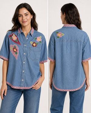 Vintage Old Navy Reworked Denim Shirt Floral Appliqué Hearts Cottagecore Medium